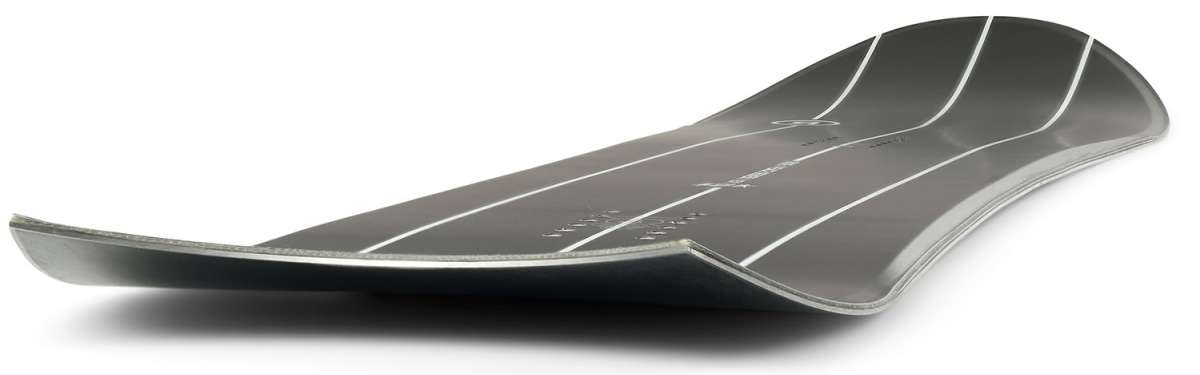 Ride Peace Seeker Snowboard 2023 - A black snowboard with white stripes and a rounded tip, lying on its side.