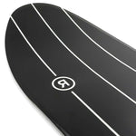 Ride Peace Seeker Snowboard 2023 - A black snowboard with white stripes and a circular logo featuring a stylized "P" in the center.