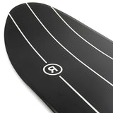Ride Peace Seeker Snowboard 2023 - A black snowboard with white stripes and a circular logo featuring a stylized "P" in the center.