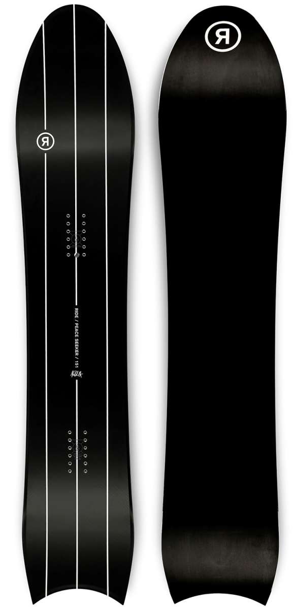 Ride Peace Seeker - A black snowboard with a white logo featuring a stylized "R" in a circle at the top center.