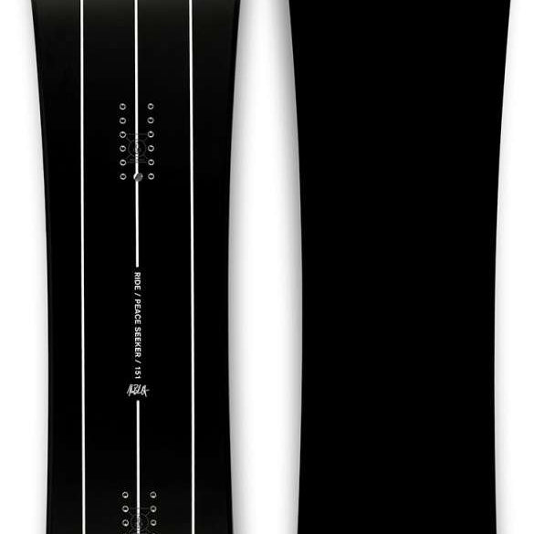 Ride Peace Seeker - A black snowboard with a white logo featuring a stylized "R" in a circle at the top center.