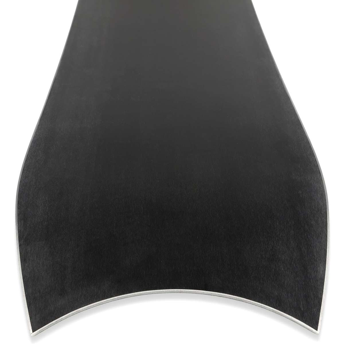 Ride Peace Seeker Snowboard 2023 - A black snowboard with a subtle white pattern on its top sheet, featuring a distinctive curved tail and a sleek design.