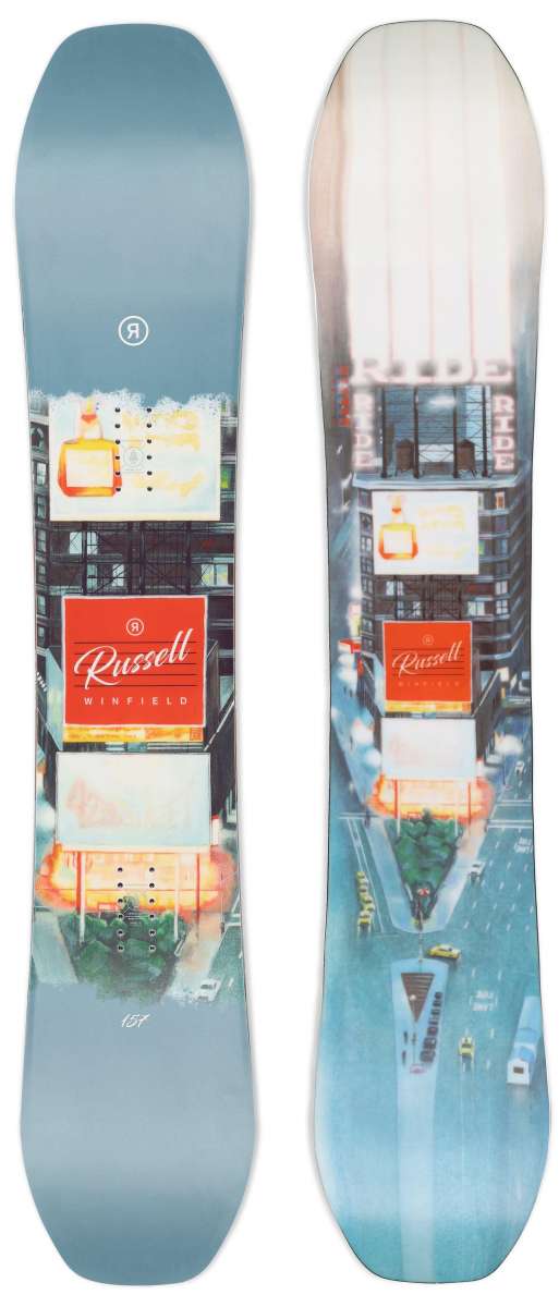 Ride Russell X Algorythm LTD Snowboard 2024 - A snowboard with a white and red design, featuring a distinctive pattern of lines and shapes on its top surface.