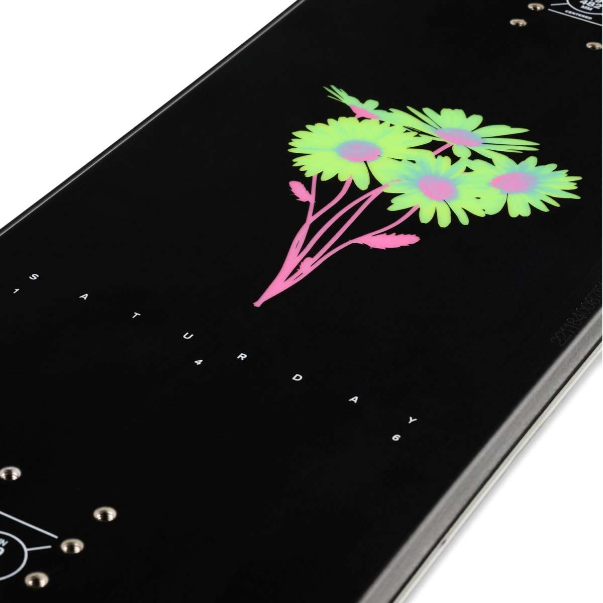 Ride Women's Saturday Snowboard 2024 - Black snowboard with pink and green floral design on top sheet.
