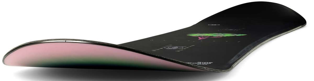 Ride Women's Saturday Snowboard 2024 - A black snowboard with a green and pink graphic on top.