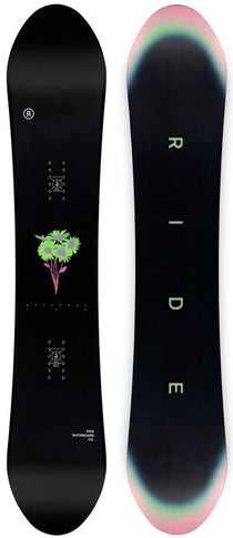 Ride Women's Saturday Snowboard 2024 - A black snowboard with a pink and green gradient at the tip.