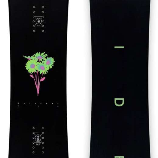 Ride Women's Saturday Snowboard 2024 - A black snowboard with a pink and green gradient at the tip.