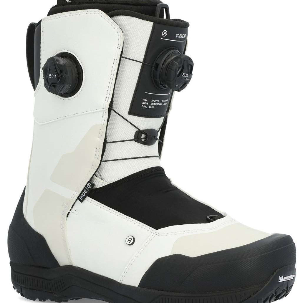 Ride Torrent Snowboard Boots 2024 - White snowboard boots with black accents and laces, featuring a textured rubber toe cap.