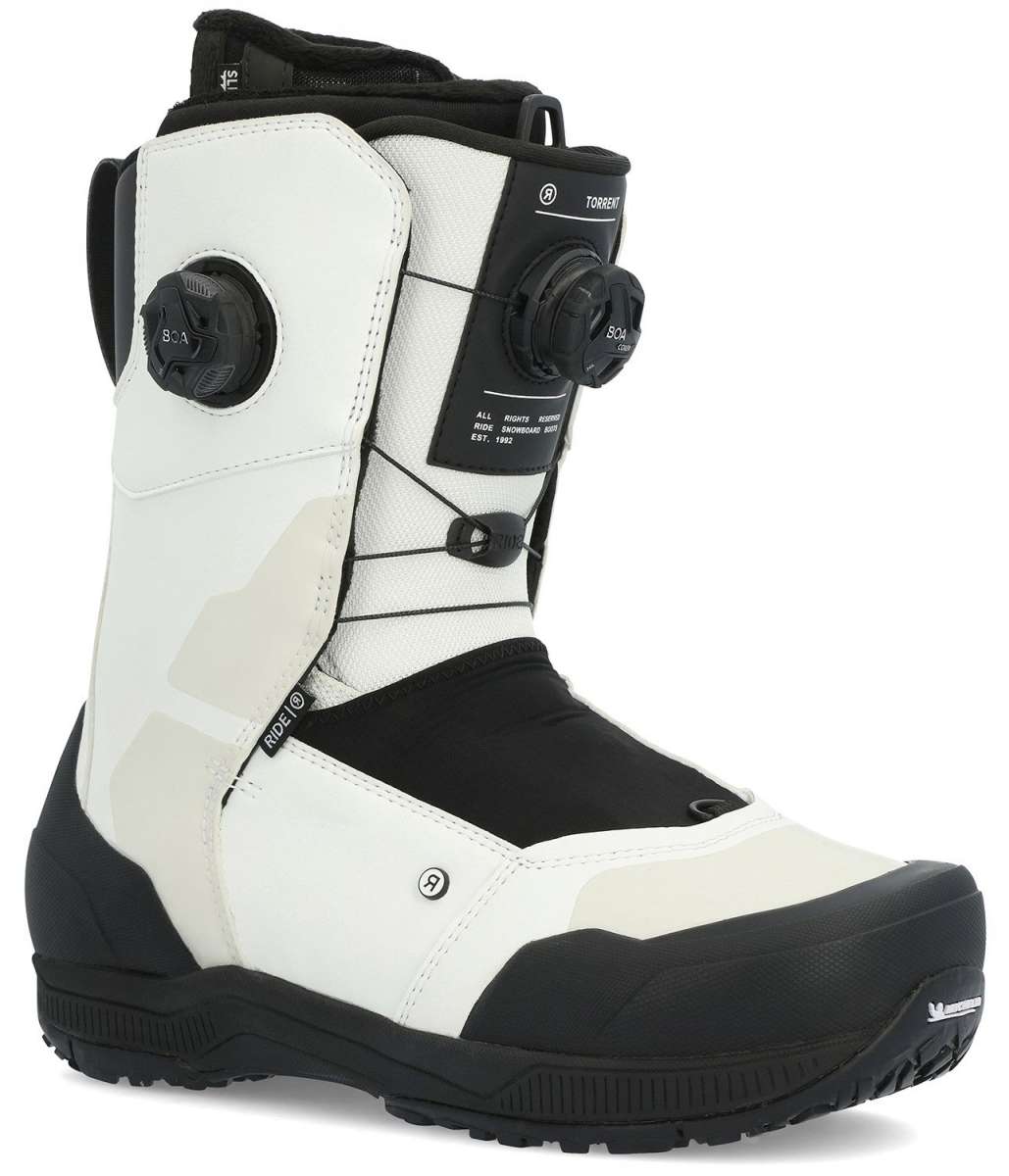 Ride Torrent Snowboard Boots 2024 - White snowboard boots with black accents and laces, featuring a textured rubber toe cap.