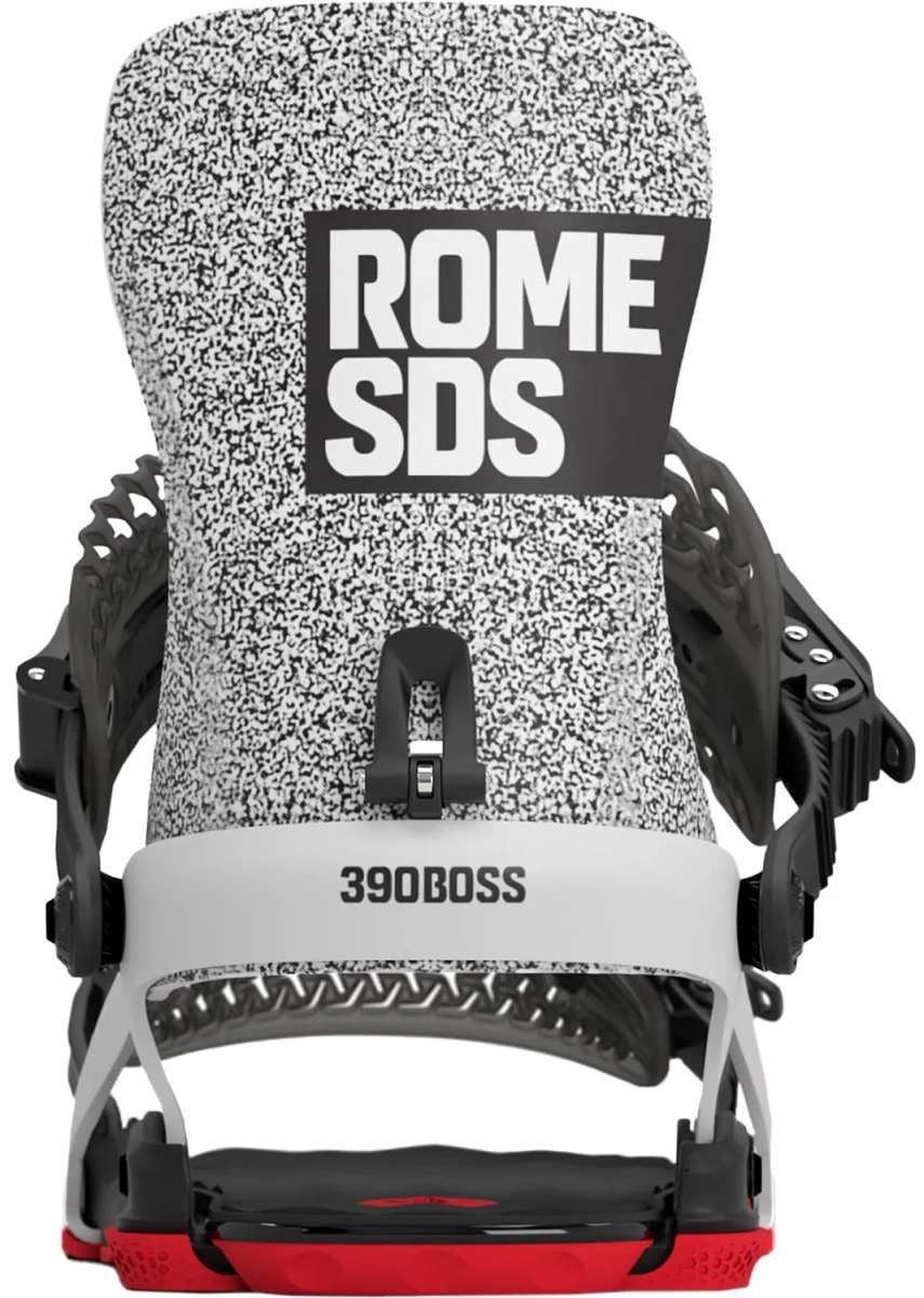 Rome 390 Boss Snowboard Binding 2024 - A black, white, and red snowboard binding with a textured pattern on the top plate.