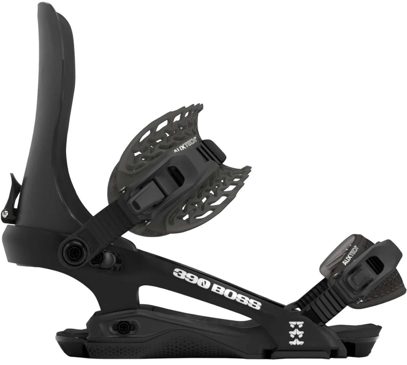 Rome 390 Boss Snowboard Binding 2024 - Black snowboard bindings with white lettering and logos.