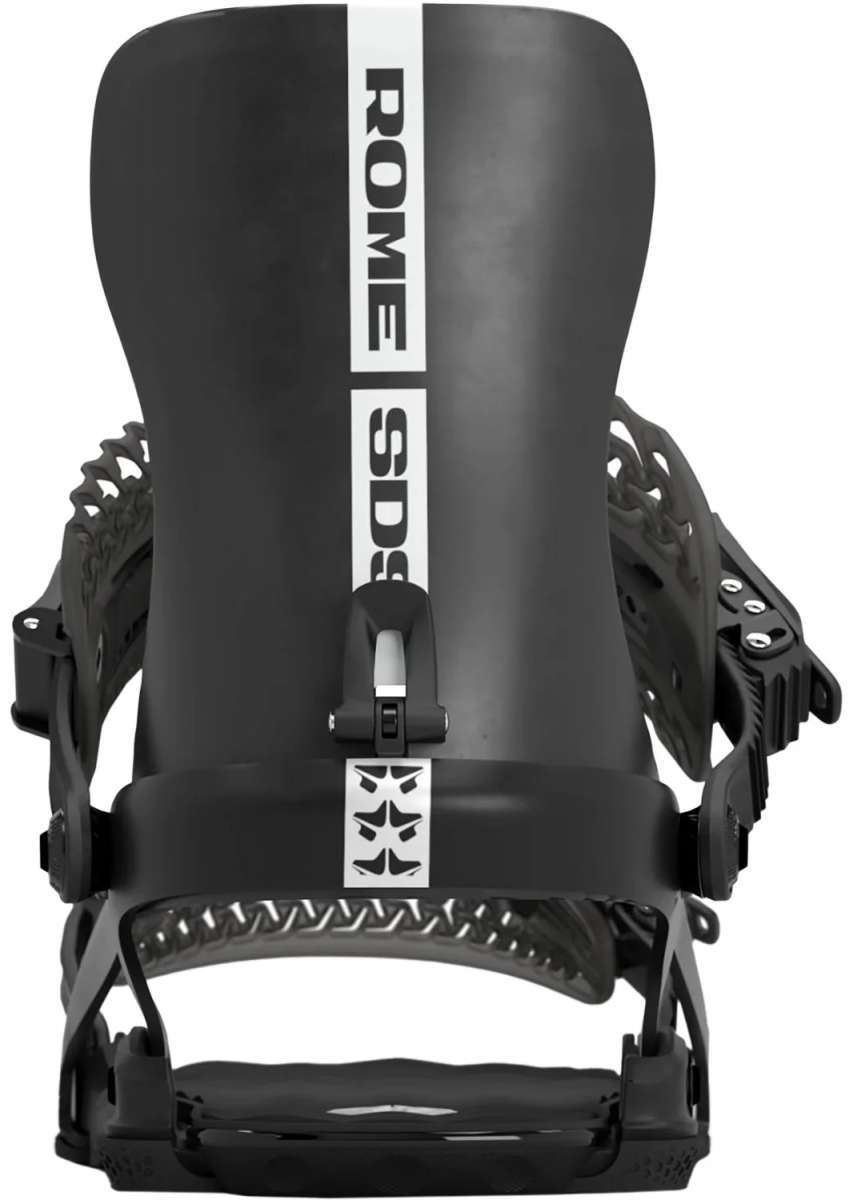 Rome 390 Boss Snowboard Binding 2024 - Black snowboard binding with white accents and a distinctive logo on the strap.