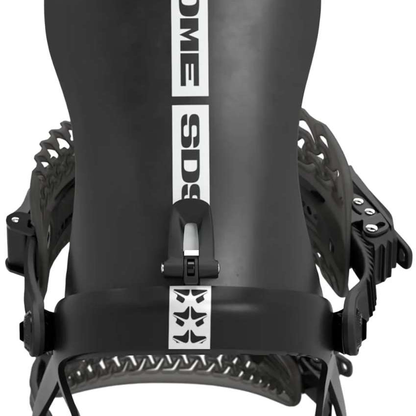 Rome 390 Boss Snowboard Binding 2024 - Black snowboard binding with white accents and a distinctive logo on the strap.