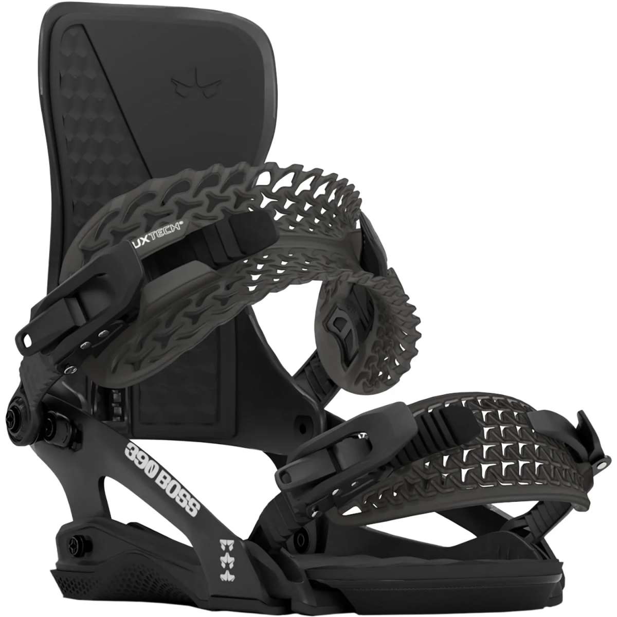 Rome 390 Boss Snowboard Binding 2024 - Black snowboard bindings with white lettering and logos.
