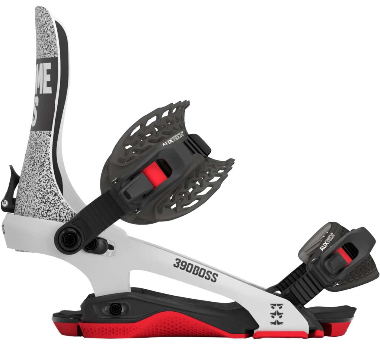 Rome 390 Boss Snowboard Binding 2024 - A black, white and red snowboard binding with a textured pattern on the straps.