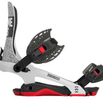Rome 390 Boss Snowboard Binding 2024 - A black, white and red snowboard binding with a textured pattern on the straps.
