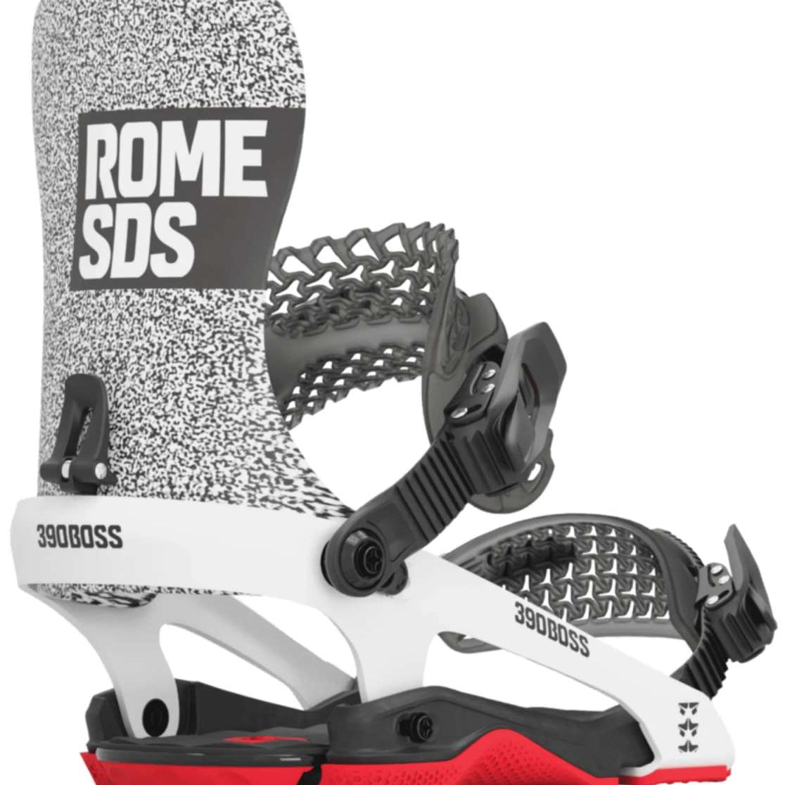 Rome 390 Boss Snowboard Binding 2024 - A black, white and red snowboard binding with a textured pattern on the baseplate.