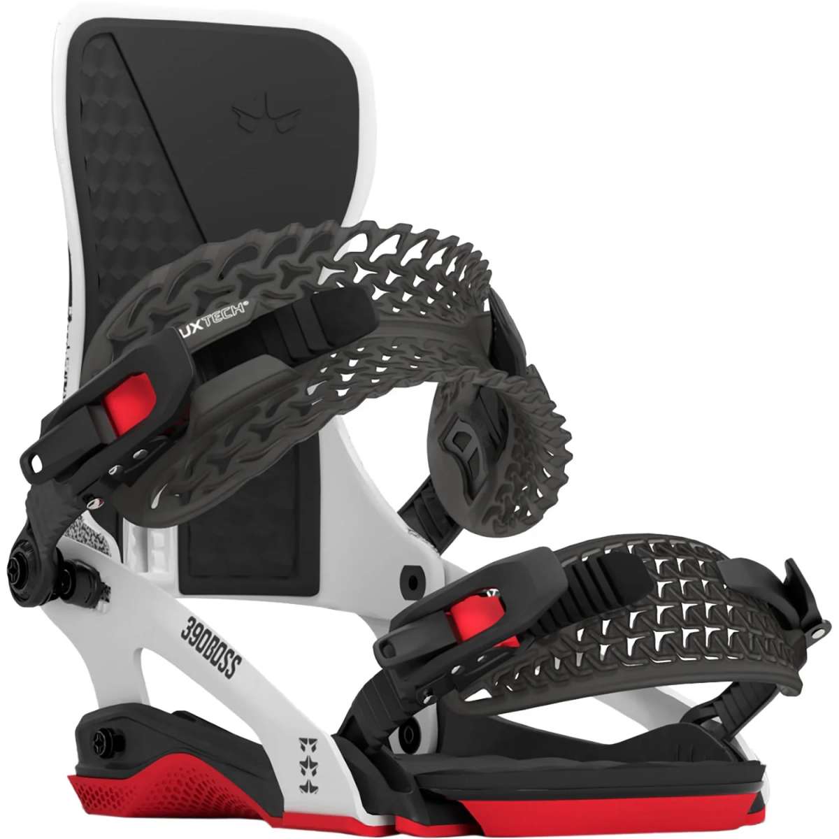 Rome 390 Boss Snowboard Binding 2024 - Black bindings with red accents on a white background.