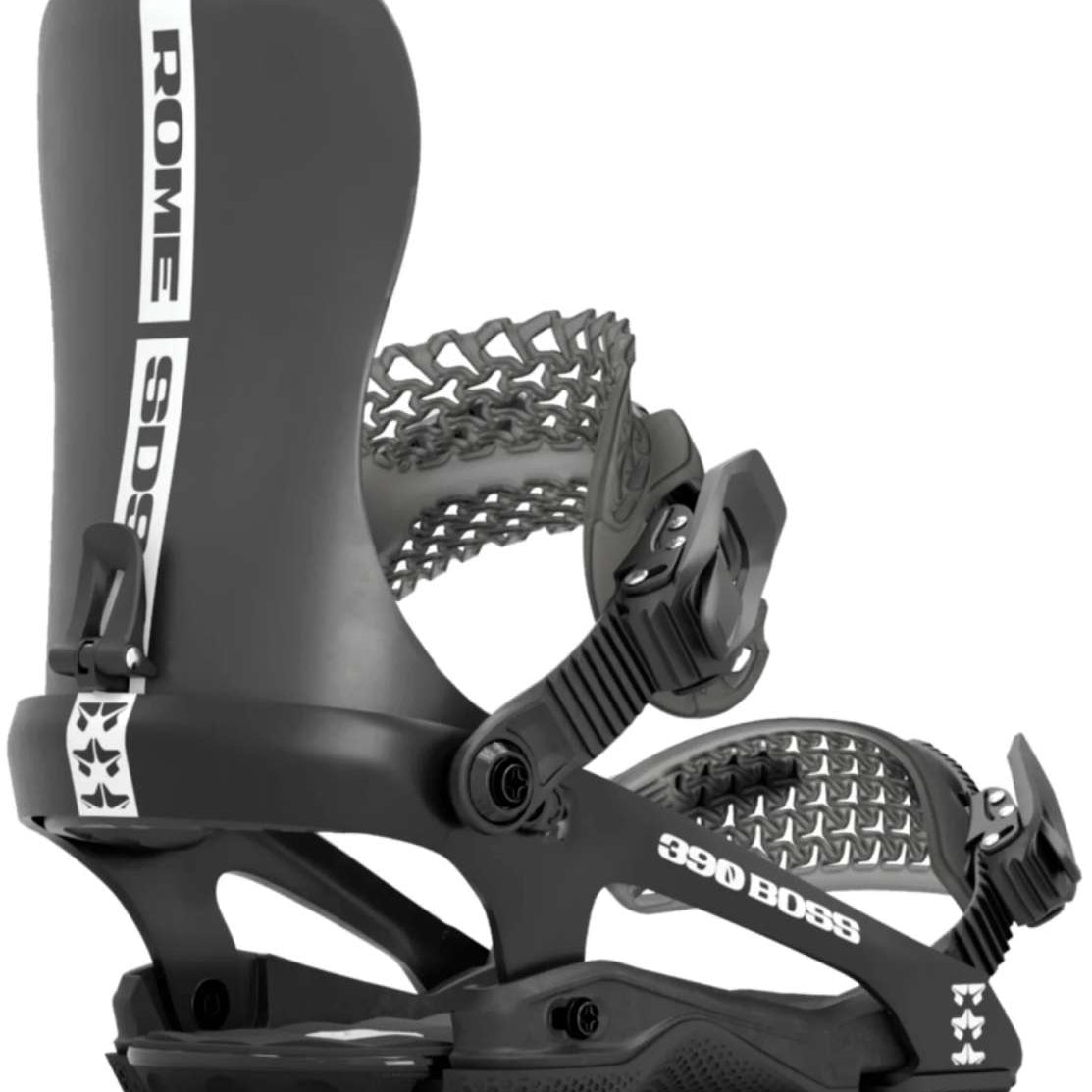 Rome 390 Boss Snowboard Binding 2024 - Black snowboard bindings with white lettering and logo on straps.