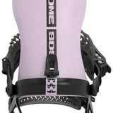 Rome 390 Boss Snowboard Binding 2024 - A black snowboard binding with a white logo on top of the strap and a silver buckle.