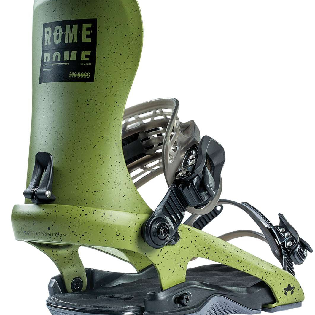 Rome 390 Boss Snowboard Bindings 2022 - Black bindings with silver buckles and straps on a white background.