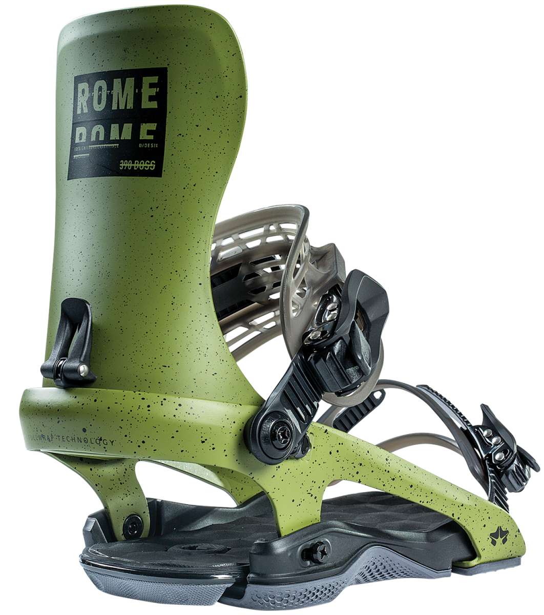 Rome 390 Boss Snowboard Bindings 2022 - Black bindings with silver buckles and straps on a white background.