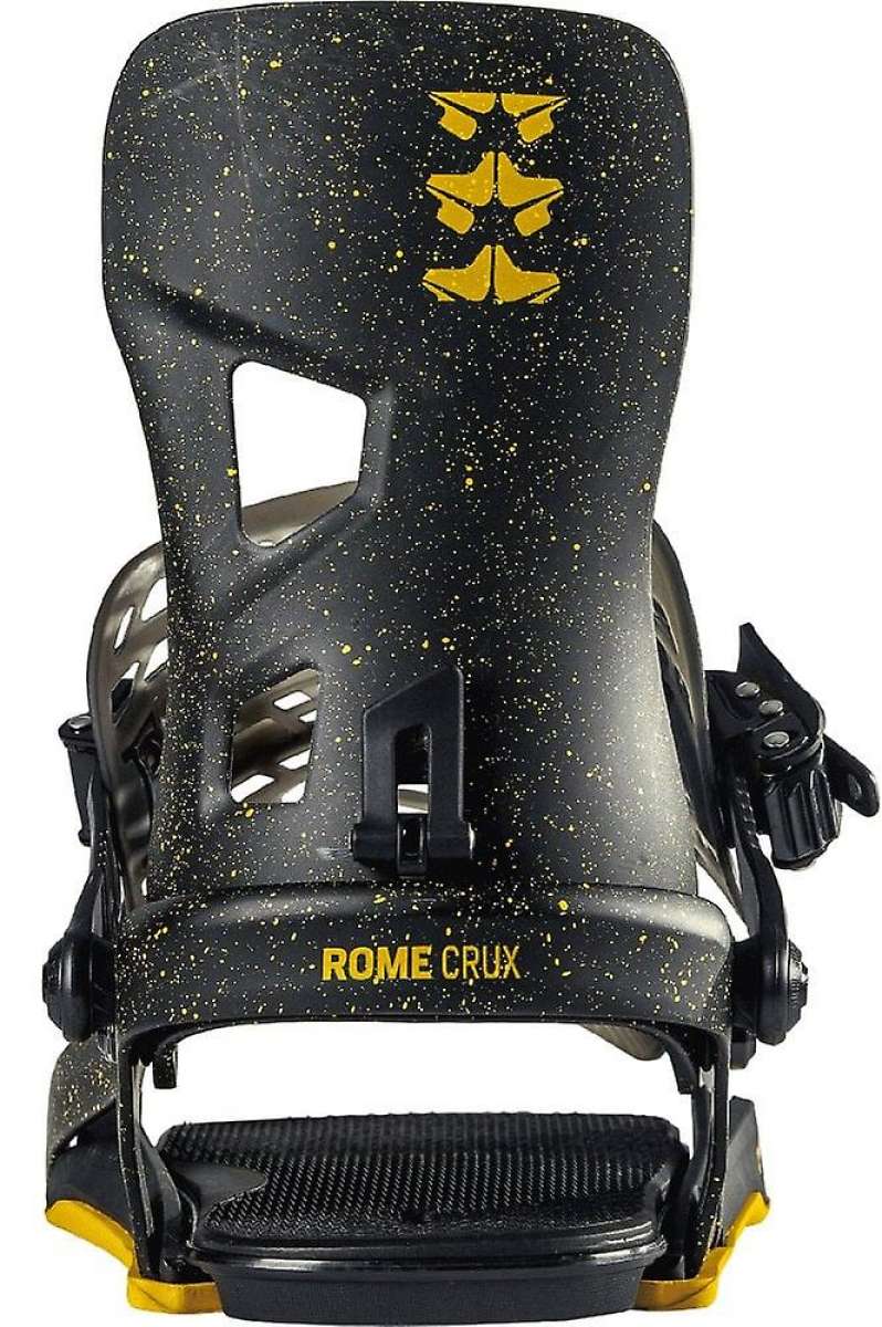 Rome Crux Snowboard Bindings 2022 - Black bindings with yellow splatter design on a white background.