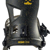 Rome Crux Snowboard Bindings 2022 - Black bindings with yellow splatter design on a white background.