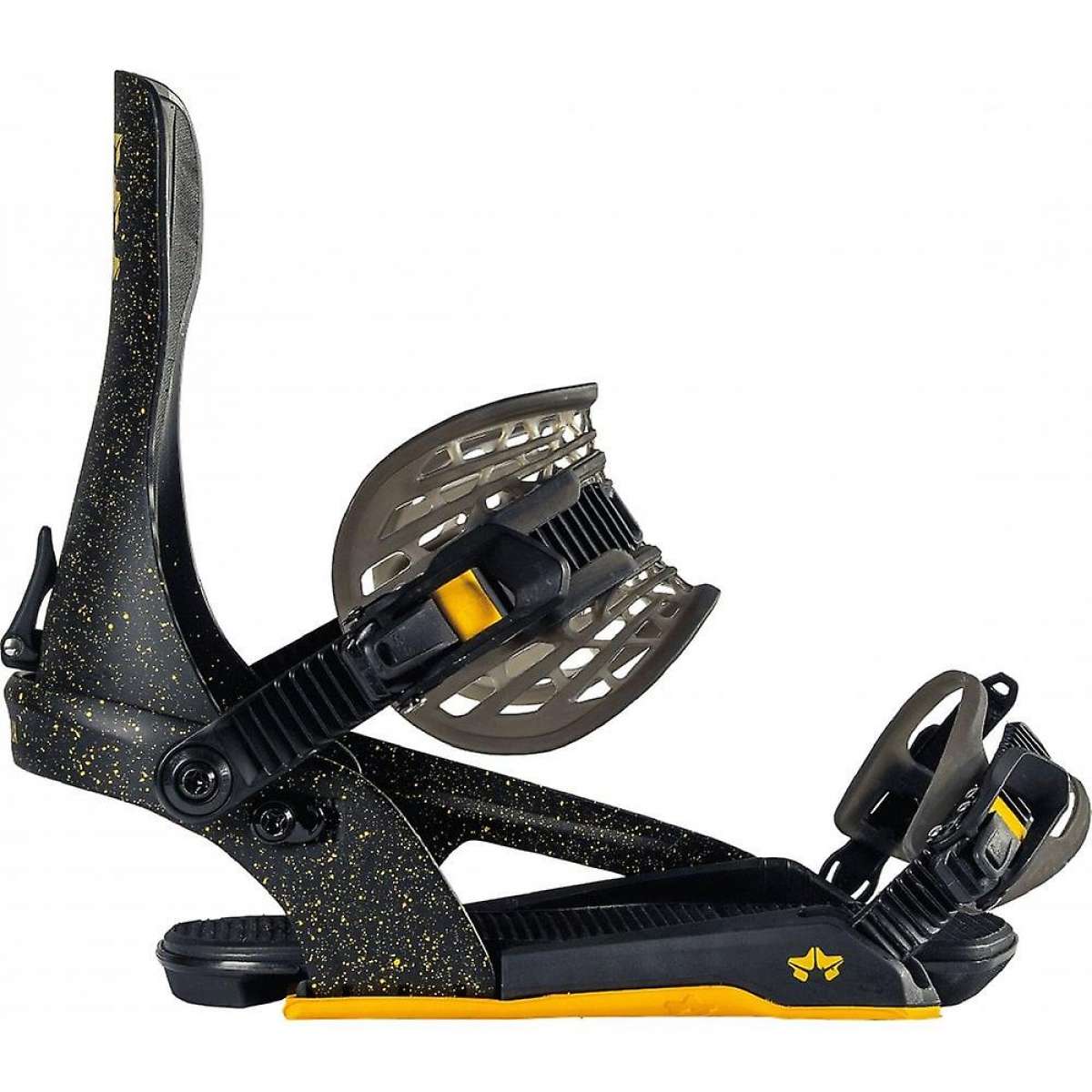 Rome Crux Snowboard Bindings 2022 - Black bindings with yellow accents and a black strap on top of the footbed.