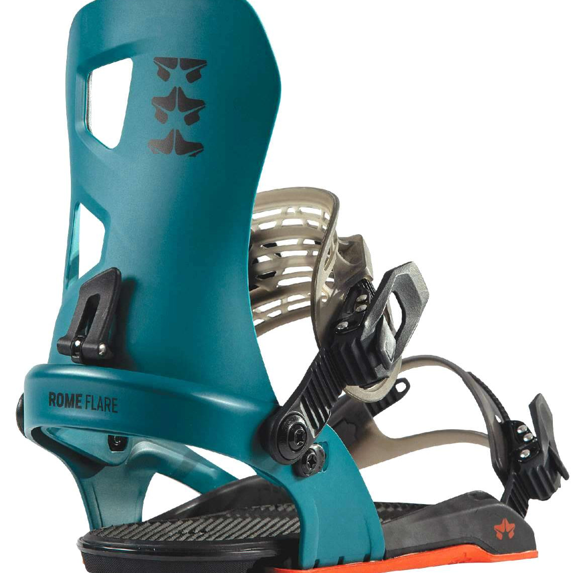 Rome Women's Flare Bindings 2023 - A pair of teal snowboard bindings with a black logo on top and a black strap with silver buckles.