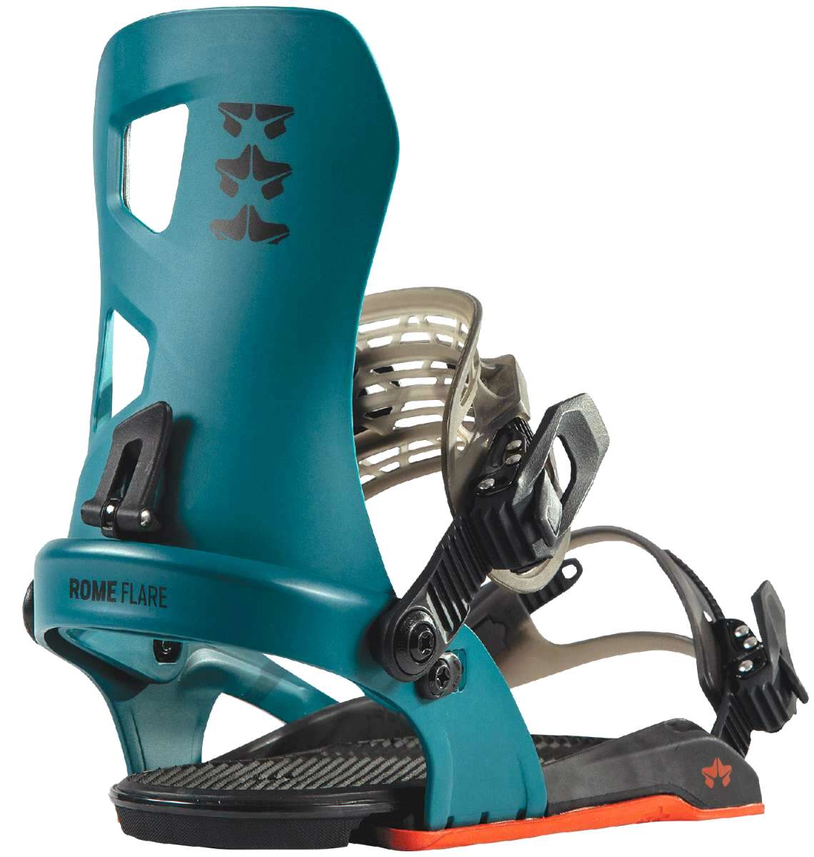 Rome Women's Flare Bindings 2023 - A pair of teal snowboard bindings with a black logo on top and a black strap with silver buckles.