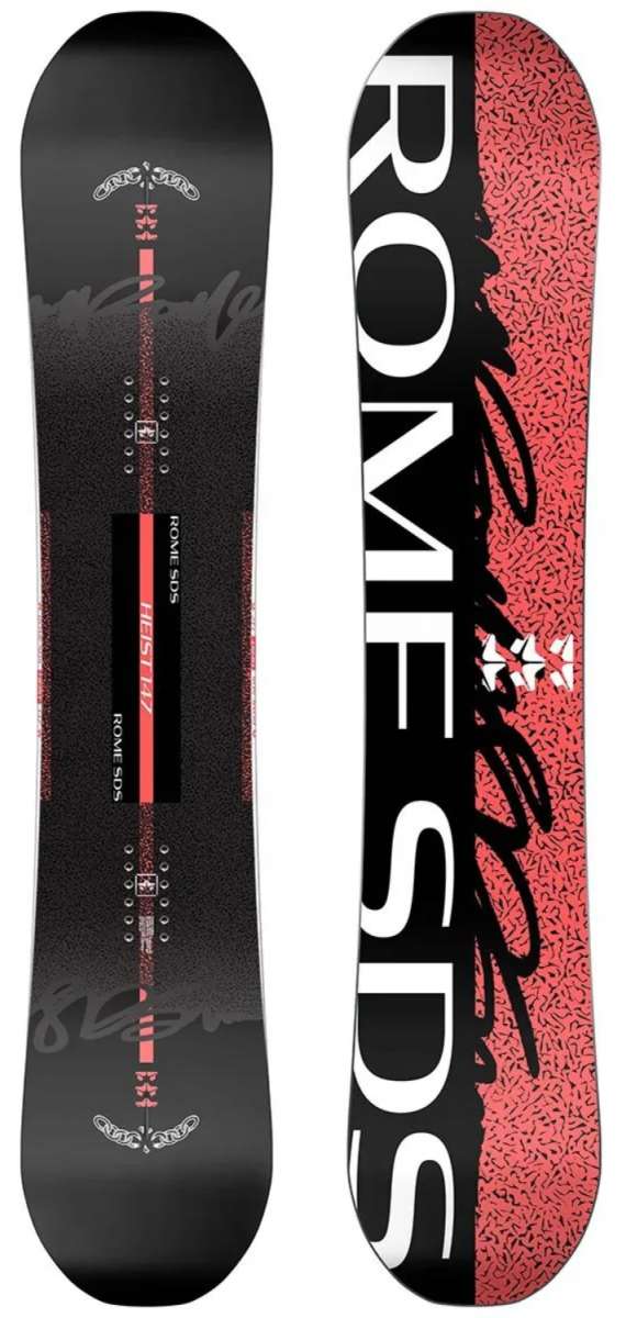 Rome Ladies Heist Snowboard 2024 - A black snowboard with a red stripe down the middle and a white logo at the top.