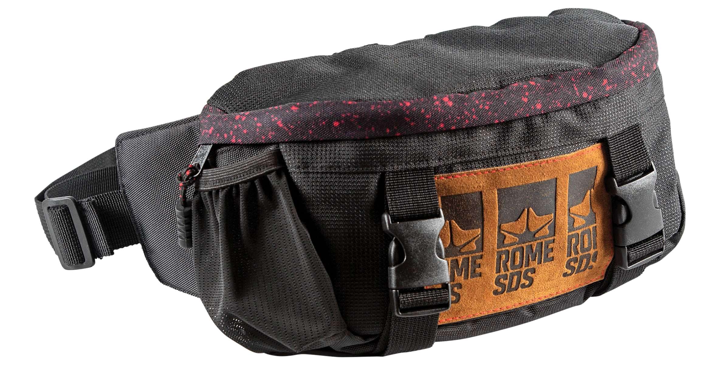 Rome Party Pack 2024 - Black fanny pack with red speckled trim and black zipper pull.