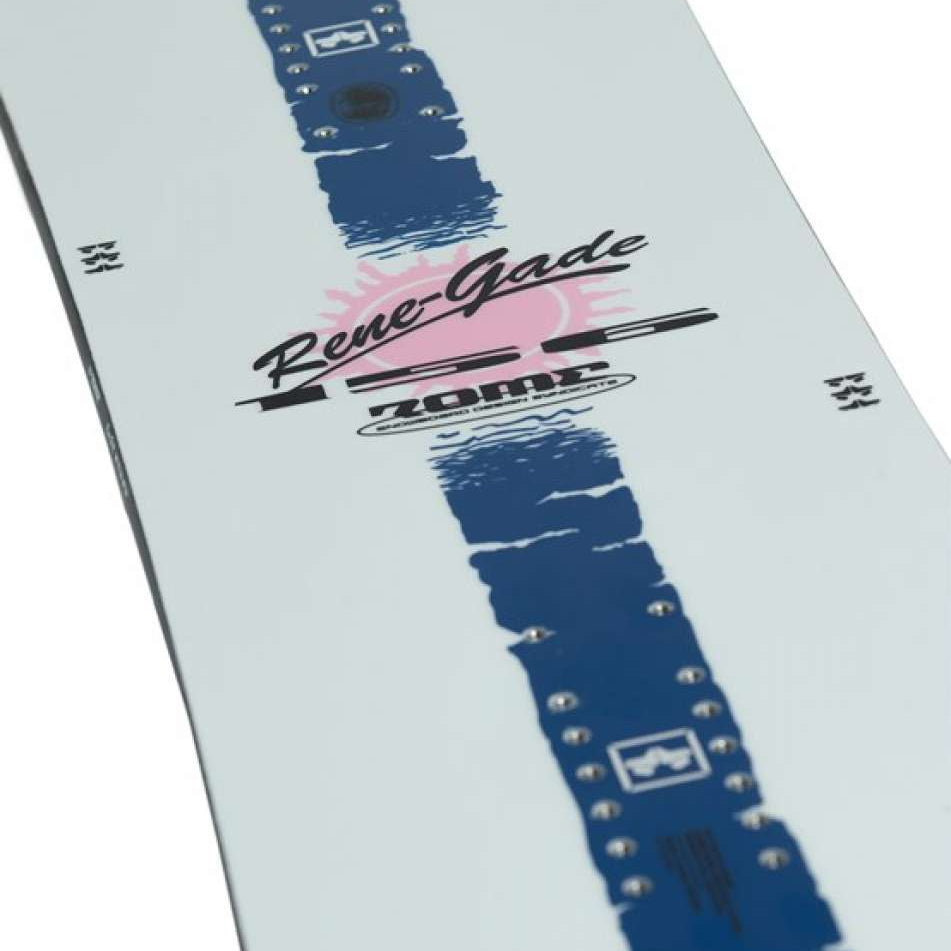 Rome Rene-Gade Snowboard 2024 - A light blue snowboard with a pink sun graphic and black text.