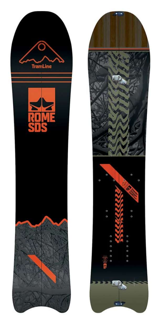 Rome Powder Division MT Splitboard 2020 - A black splitboard with a white logo and orange accents on top.