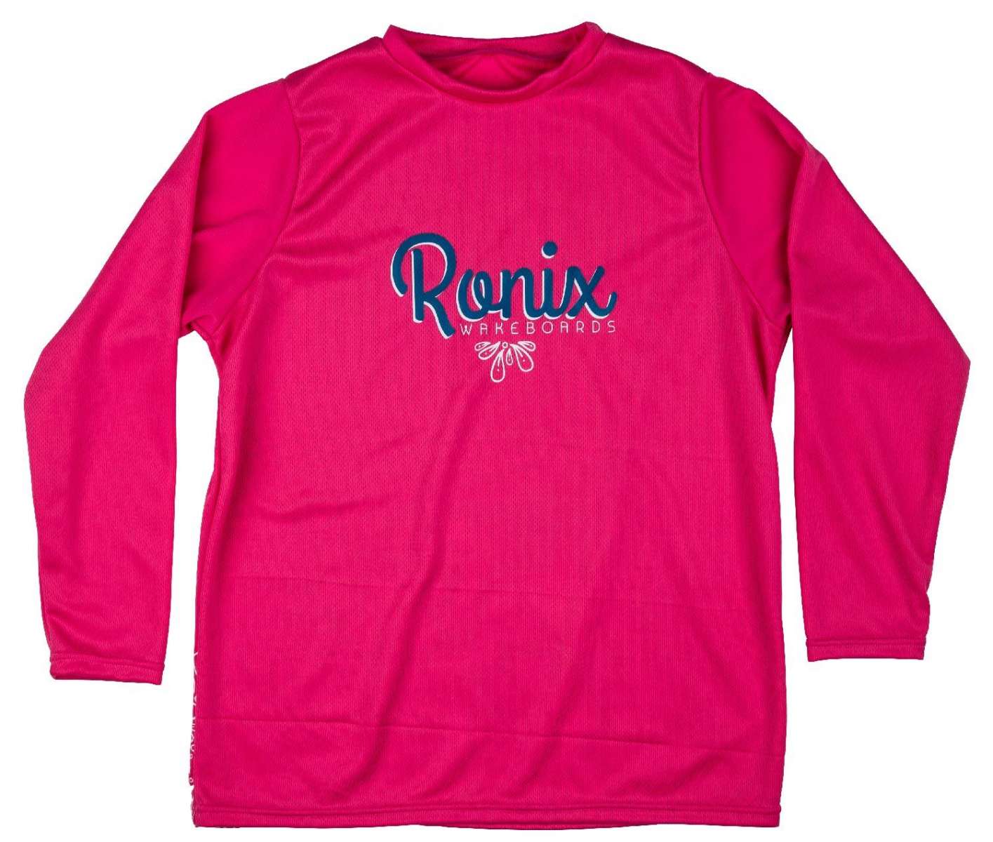 Ronix Girls UV Shade Long Sleeve 2021 - A pink long-sleeved shirt with a logo that says "Ronix" in blue cursive font and "WAKEBOARDS" in white below it.