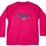 Ronix Girls UV Shade Long Sleeve 2021 - A pink long-sleeved shirt with a logo that says "Ronix" in blue cursive font and "WAKEBOARDS" in white below it.