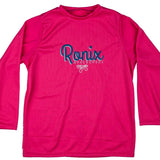 Ronix Girls UV Shade Long Sleeve 2021 - A pink long-sleeved shirt with a logo that says "Ronix" in blue cursive font and "WAKEBOARDS" in white below it.
