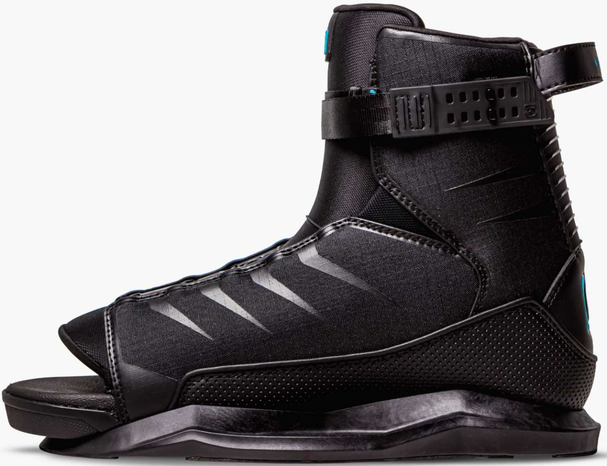 Ronix - Anthemic black wake boot with a textured toe cap, blue accents on the heel and strap, and a black sole.