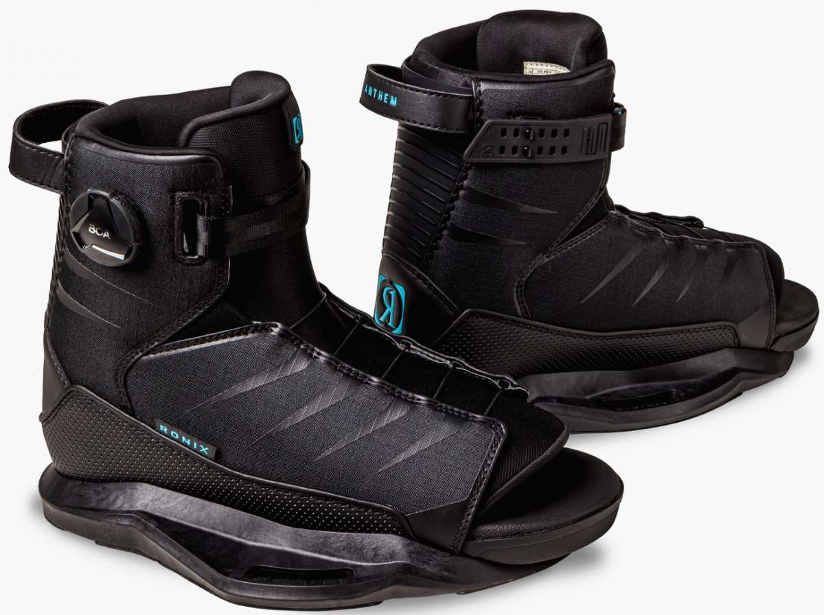 Ronix Anthem BOA Wake Boot 2023 - Black boots with a textured pattern on the side and a blue logo near the ankle strap.