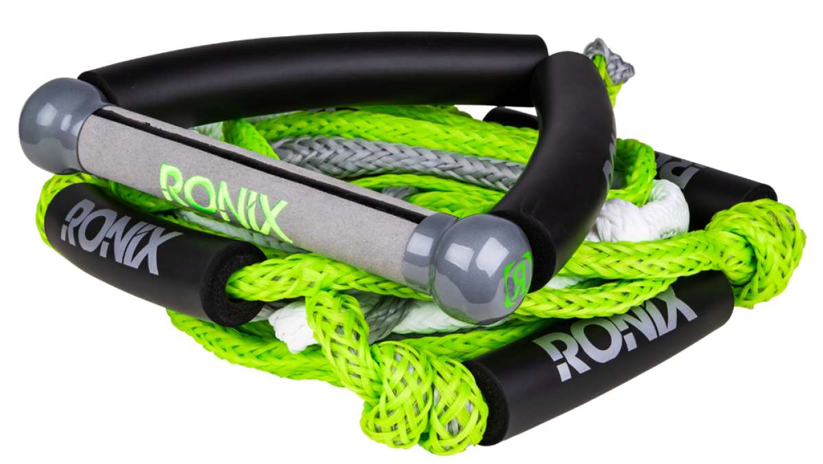 Ronix Bungee 25' Surf Rope - The rope is lime green with a white handle and silver metal hardware.