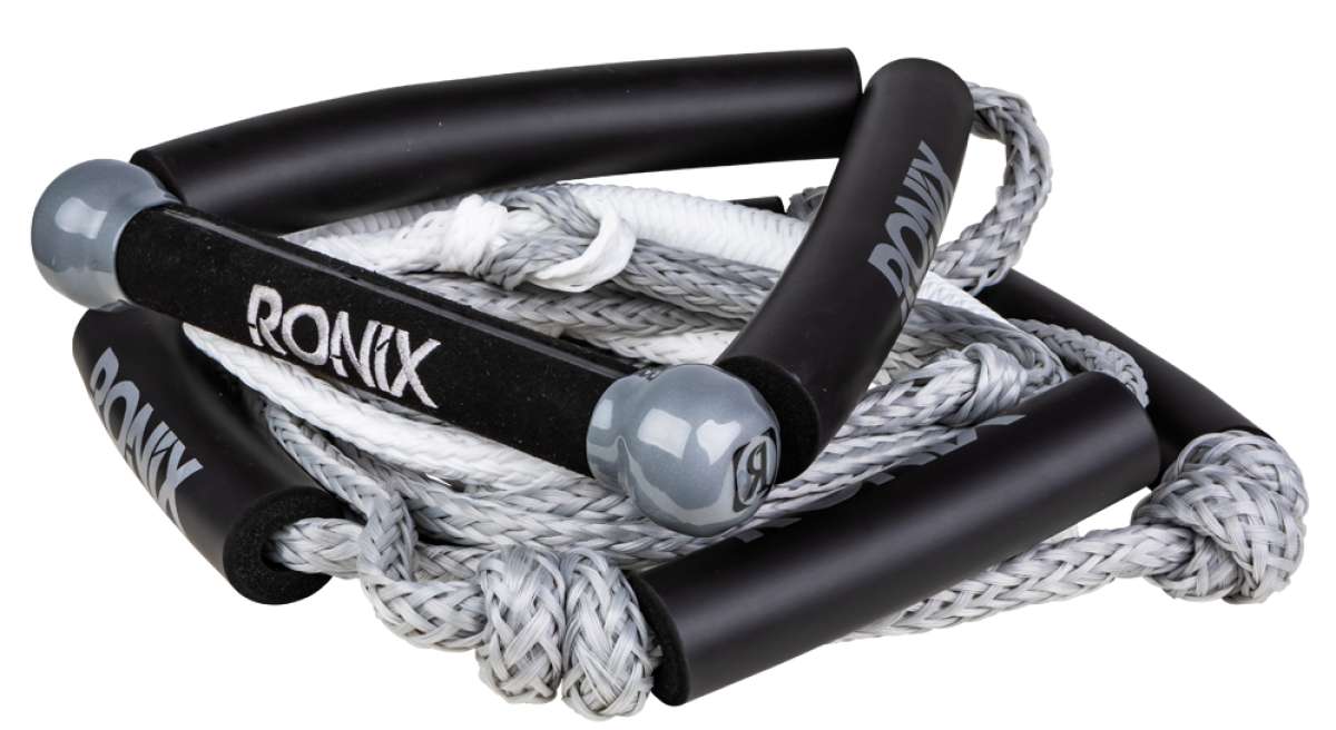 Ronix Bungee 25' Surf Rope - The rope is white with a black bungee cord and silver metal tip at one end.