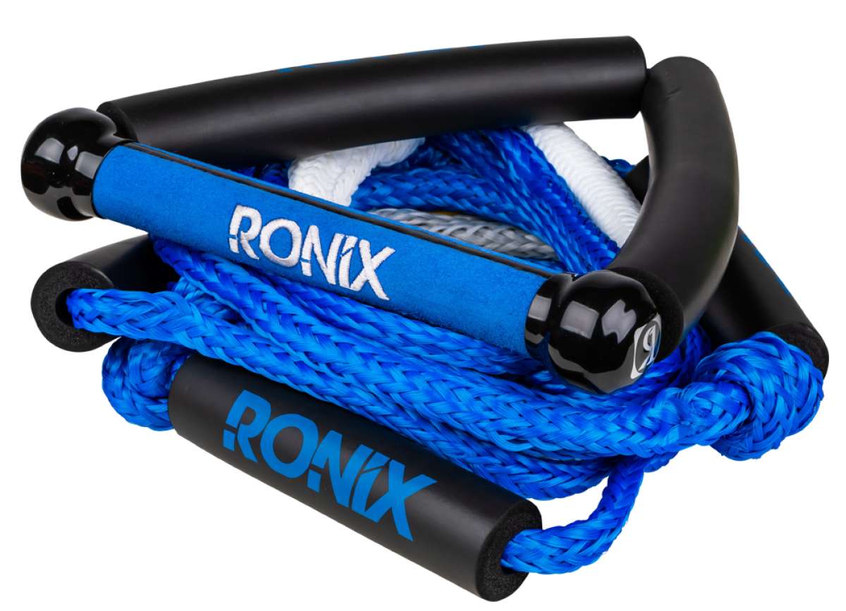 Ronix Bungee 25' Surf Rope - The rope is blue with white lettering and has a black bungee cord at one end.