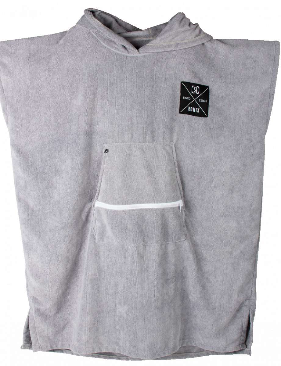 Ronix Change Pancho 2023 - A light gray pancho with a hood, featuring a small black logo on the upper right side.