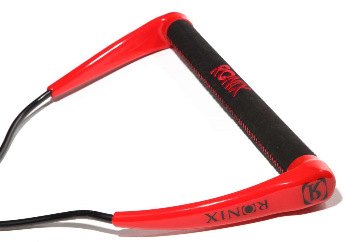 Ronix Combo 3.0 Hide Grip Wakeboard Handle With 70 ft Mainline Rope - The handle is black with red stitching and has a textured grip.