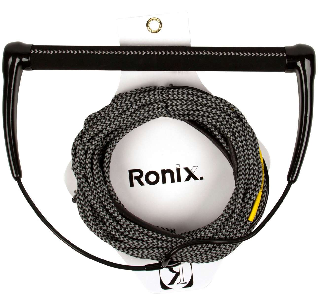 Ronix Combo 3.0 Hide Grip Wakeboard Handle With 70 ft Mainline Rope - The rope is black and white with yellow accents, coiled around the handle.