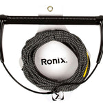 Ronix Combo 3.0 Hide Grip Wakeboard Handle With 70 ft Mainline Rope - The rope is black and white with yellow accents, coiled around the handle.
