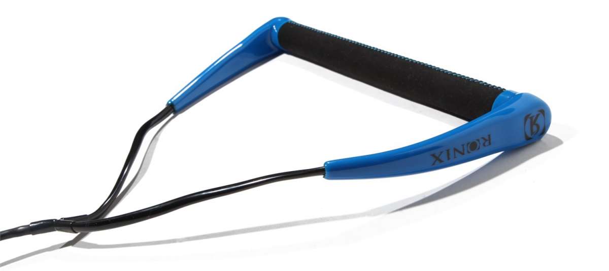 Ronix Combo 3.0 Hide Grip Wakeboard Handle With 70 ft Mainline Rope - The handle is black with blue accents and a textured grip, featuring a logo on the side.