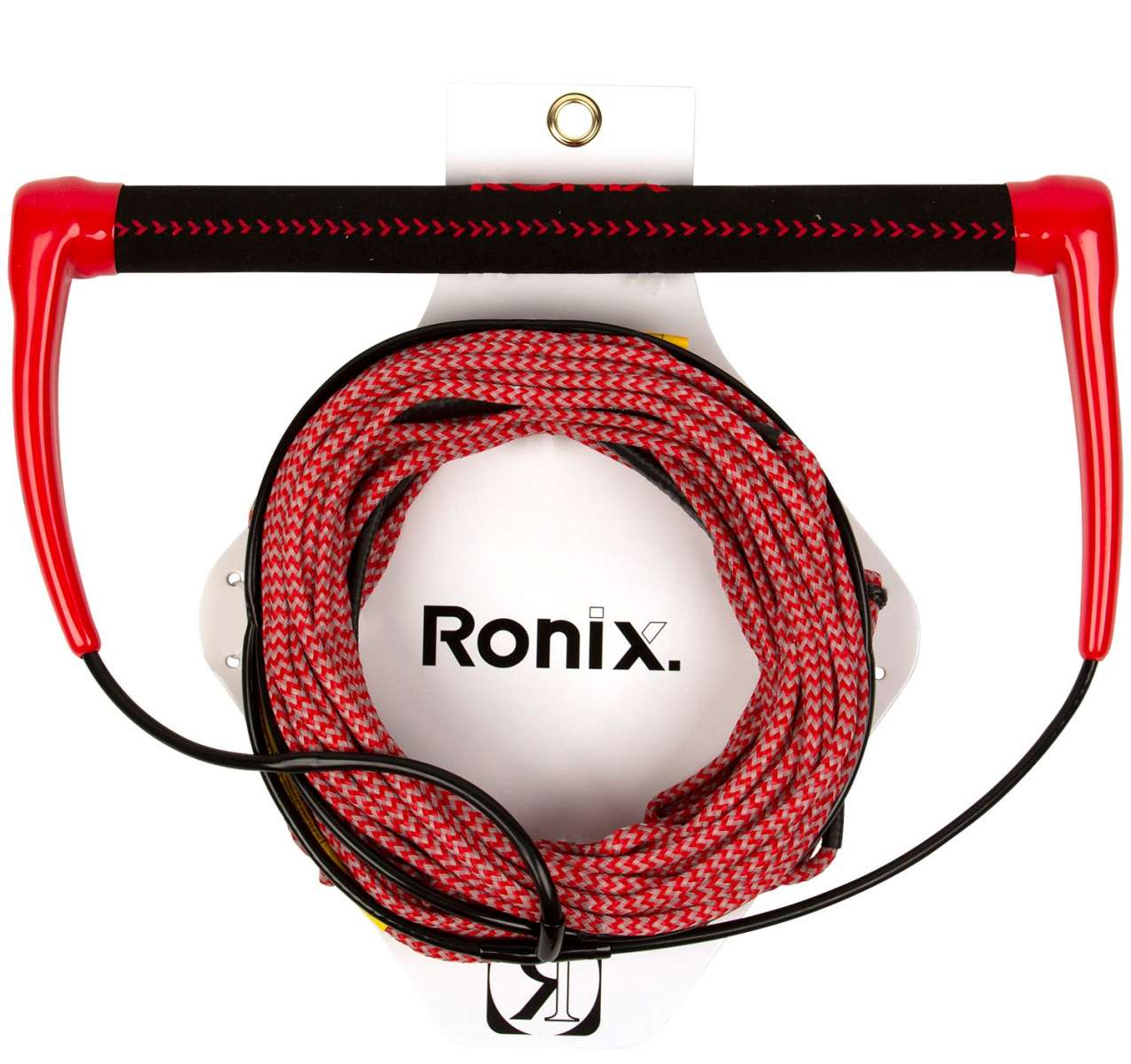 Ronix Combo 3.0 Hide Grip Wakeboard Handle With 70 ft Mainline Rope - The handle is black with red accents and has a textured grip, the rope is red and white striped.