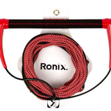 Ronix Combo 3.0 Hide Grip Wakeboard Handle With 70 ft Mainline Rope - The handle is black with red accents and has a textured grip, the rope is red and white striped.
